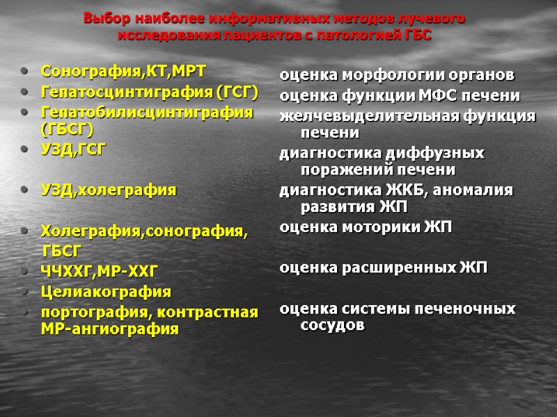 Выбор наиболее информативных методов лучевого исследования пациентов с патологией ГБС Сонография,КТ,МРТ Гепатосцинтиграфия (ГСГ) Гепатобилисцинтиграфия